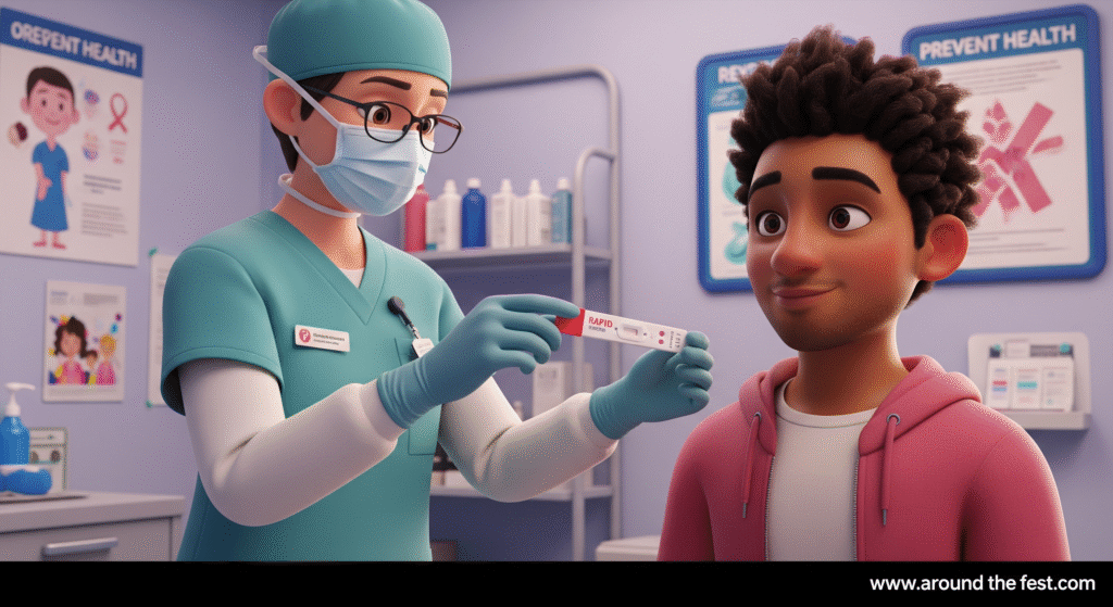 “Illustration of a healthcare professional assisting a person with HIV testing, highlighting HIV prevention tips and safe, accurate testing.”