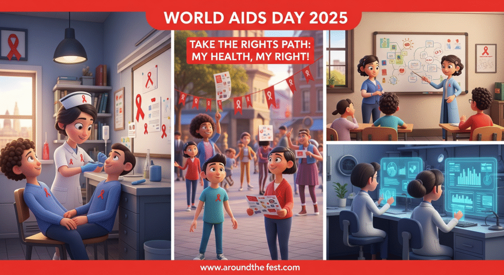 World AIDS Day 2025 illustration showing diverse people raising HIV/AIDS awareness, promoting testing, education, and prevention under the theme ‘Take the Rights Path: My Health, My Right!’. Includes red ribbons, community outreach, and advocacy, highlighting global HIV awareness, stigma reduction, and healthcare rights."