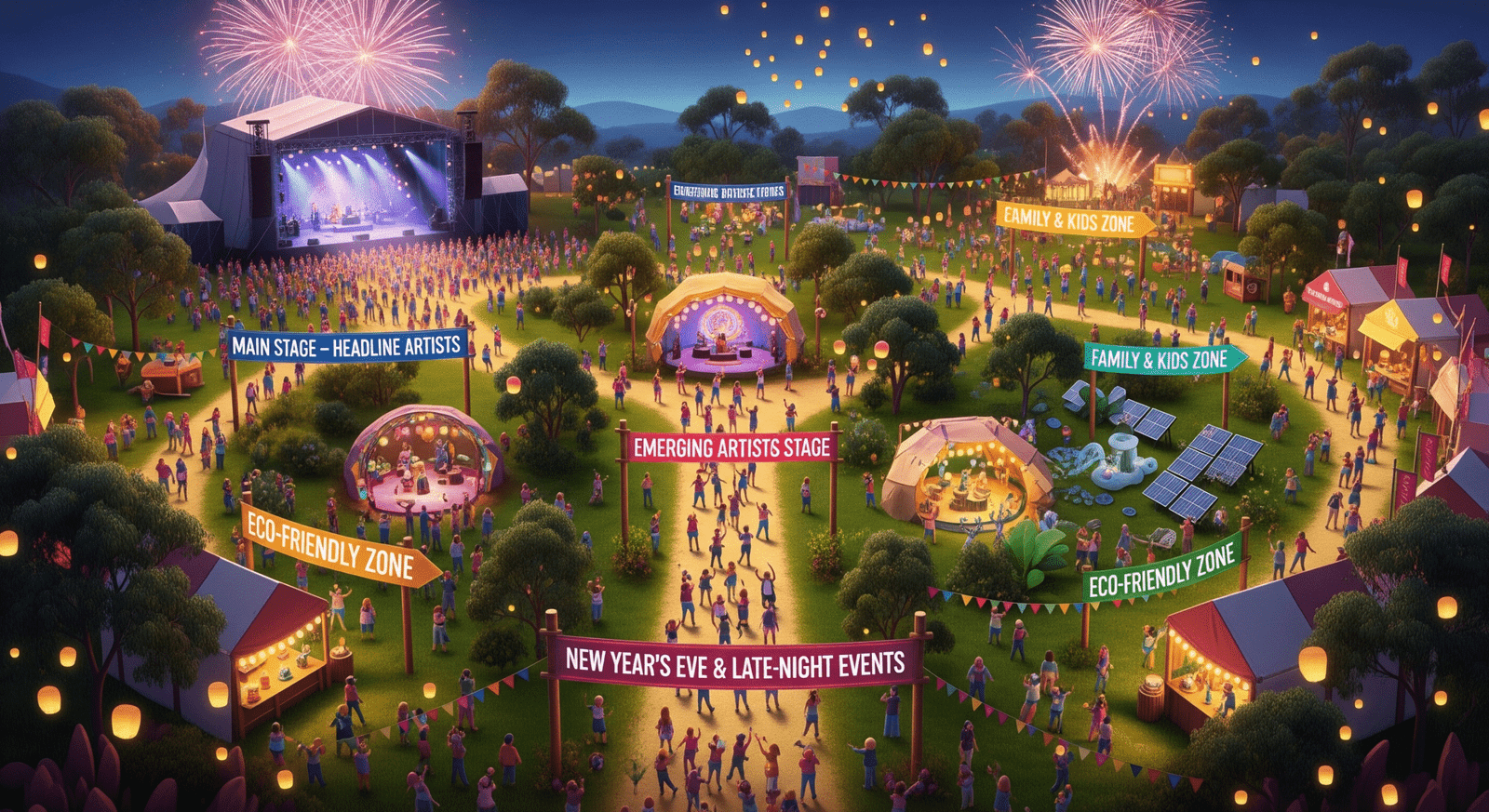Panoramic, fully labeled illustration of (December 27, 2025 – January 1, 2026), showing Main Stage – Headline Artists, Emerging Artists Stage, Cultural & Artistic Zone, Family & Kids Zone, Eco-Friendly Zone, and New Year’s Eve & Late-Night Events, with crowds, workshops, installations, lanterns, fireworks, and festival activities in a vibrant, cinematic style.