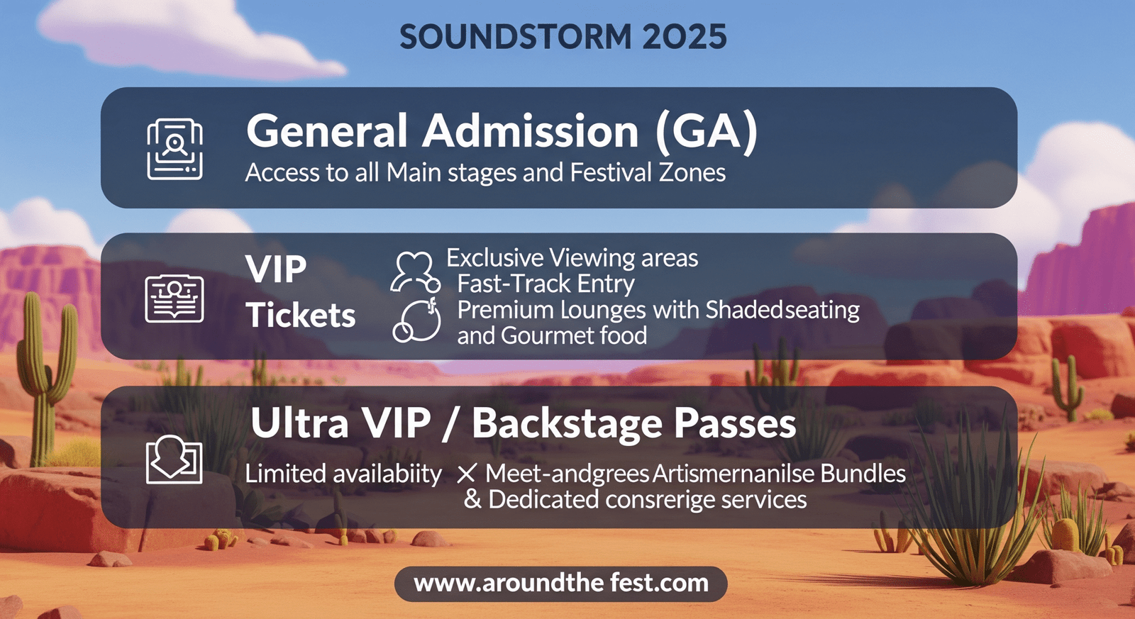 "Tickets & Entry Options : General Admission, VIP, and Ultra VIP/Backstage passes with exclusive perks and fast entry."