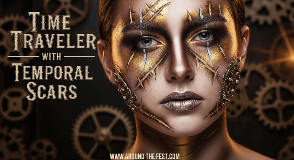 "Ultra-realistic Time Traveler Halloween makeup with metallic scars, clockwork accents, and 'Time Traveler with Temporal Scars' written on the image.