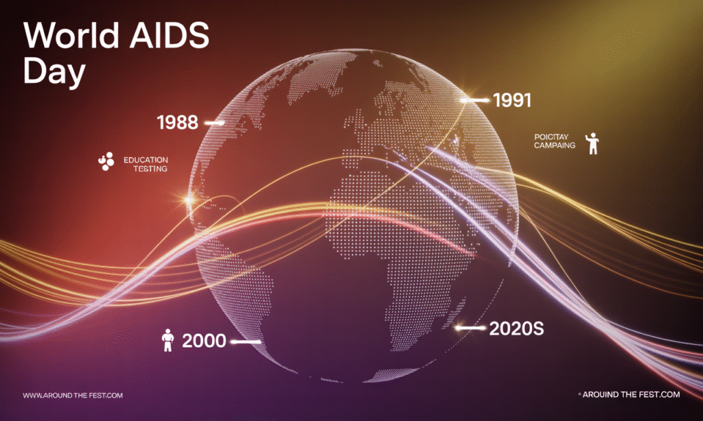 banner showing a digital globe with interconnected nodes representing global milestones from 1988 to 2020s, abstract light arcs connecting continents, icons for education, testing, and policy initiatives, deep red, purple, and gold gradient symbolizing hope and solidarity, with timeline labels highlighting December 1 observances worldwide."