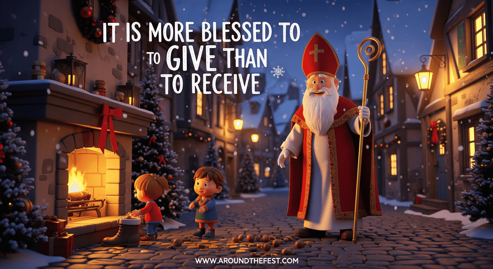 Europe with children’s shoes, snowy village, and quote: It is more blessed to give than to receive."