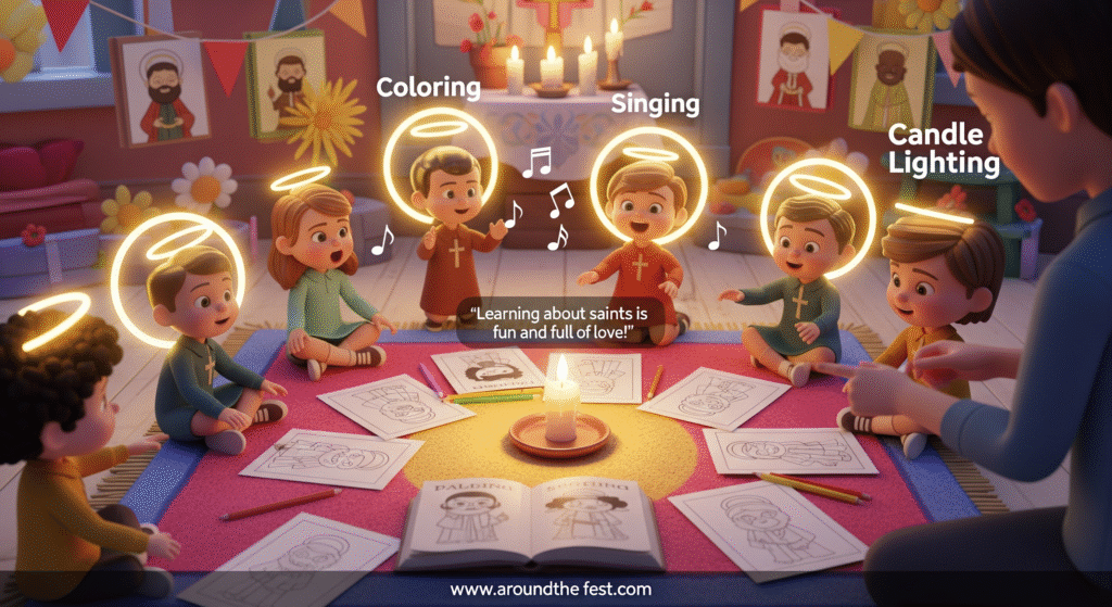 “Toddlers and preschoolers reading saint-themed picture books, coloring, singing, and lighting a small candle with soft haloed saint illustrations, highlighting simple ways to celebrate All Saints’ Day.”