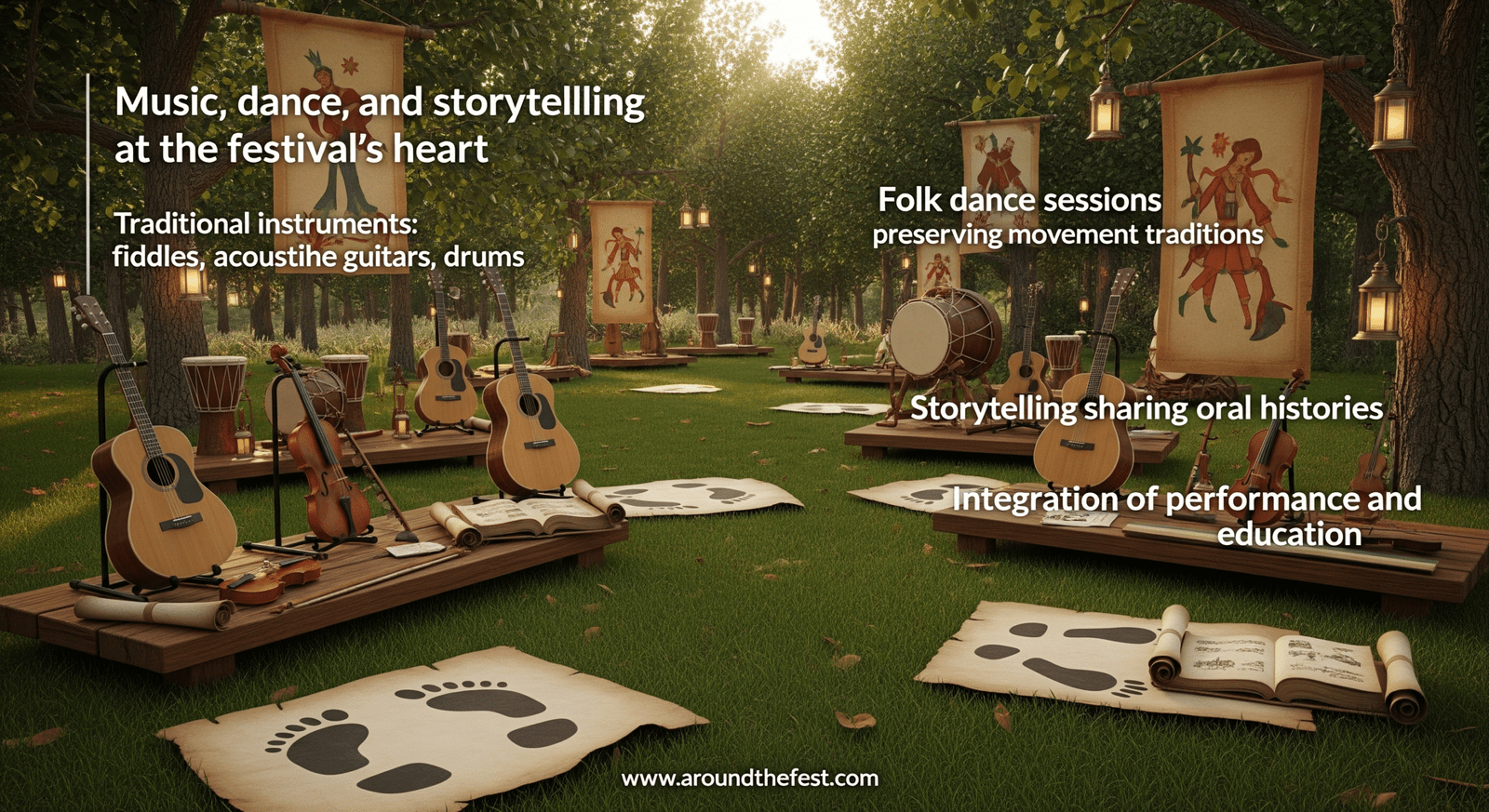 "Woodford Folk Festival early cultural practices with acoustic guitars, fiddles, and drums floating in a grassy landscape, swirling patterns representing folk dance, and open storybooks with glowing musical notes symbolizing storytelling and cultural education."