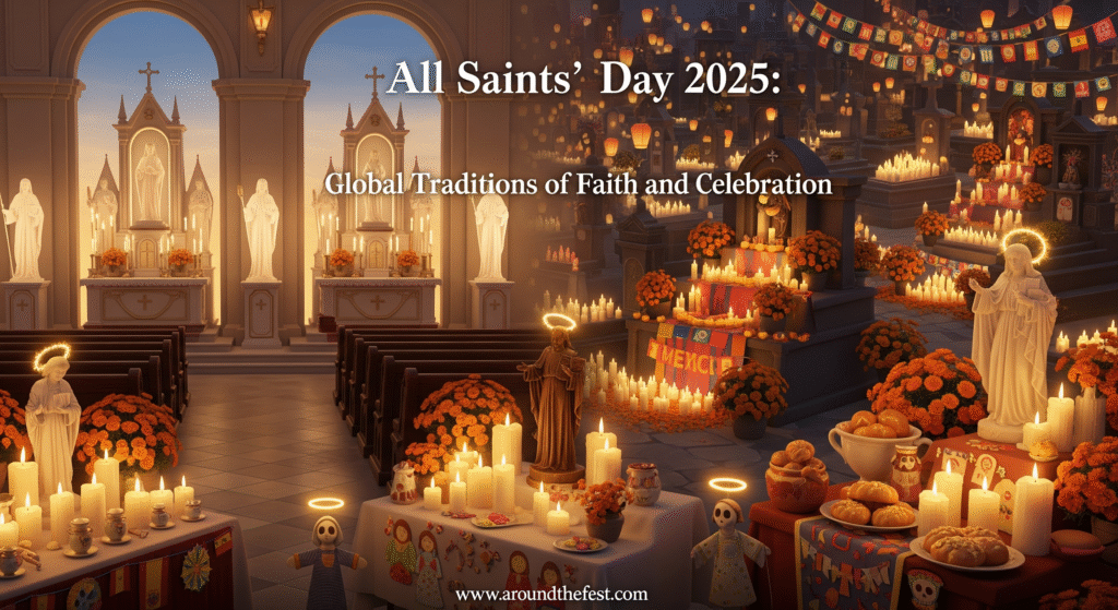  traditions without humans: candlelit altars, glowing graves, lanterns, Día de los Muertos altars, chrysanthemums, and saint-themed pastries from Spain, Italy, and Poland.”