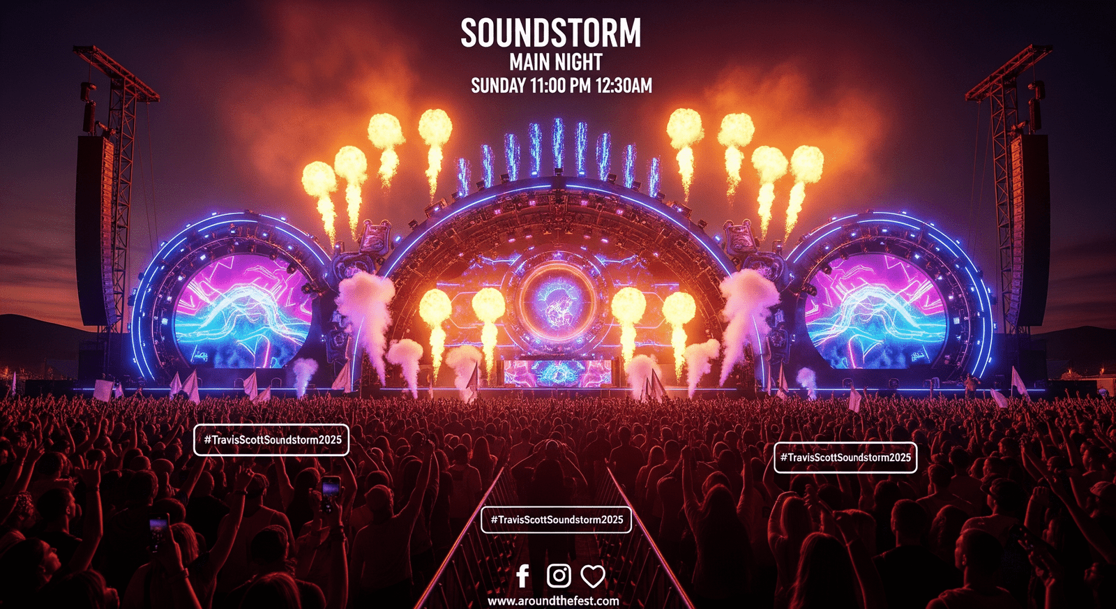 "Travis Scott at Soundstorm 2025 Main Stage with pyrotechnics, immersive visuals, and high-energy crowd interactions."