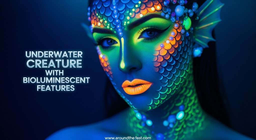 "Ultra-realistic Underwater Creature Halloween makeup with neon blues and greens, bioluminescent glow, and 'Underwater Creature with Bioluminescent Features' written on the image."