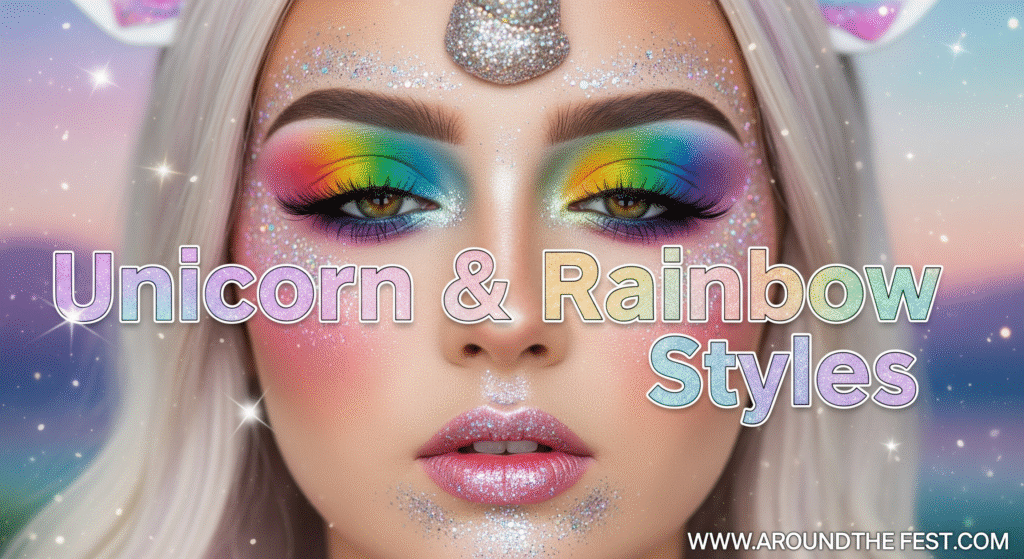 "Realistic Unicorn & Rainbow Halloween makeup with rainbow eyeshadow, glitter horn, pastel highlights, and the name displayed on the image."