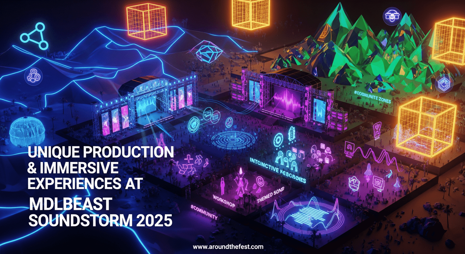 "MDLBEAST Soundstorm 2025 festival in Banban Desert, Riyadh showing futuristic LED stages, immersive light shows, holographic art installations, themed tech zones, and community engagement symbols on a stylized abstract landscape, no humans."
