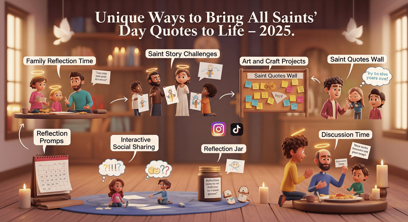 family and youth activities visual showing interactive ways to use saint quotes, including Family Reflection Time, Saint Story Challenges, Art & Craft Projects, Social Sharing, Reflection Prompts, Daily Quote Calendar, Reflection Jar, and Discussion Time with colorful, uplifting design."