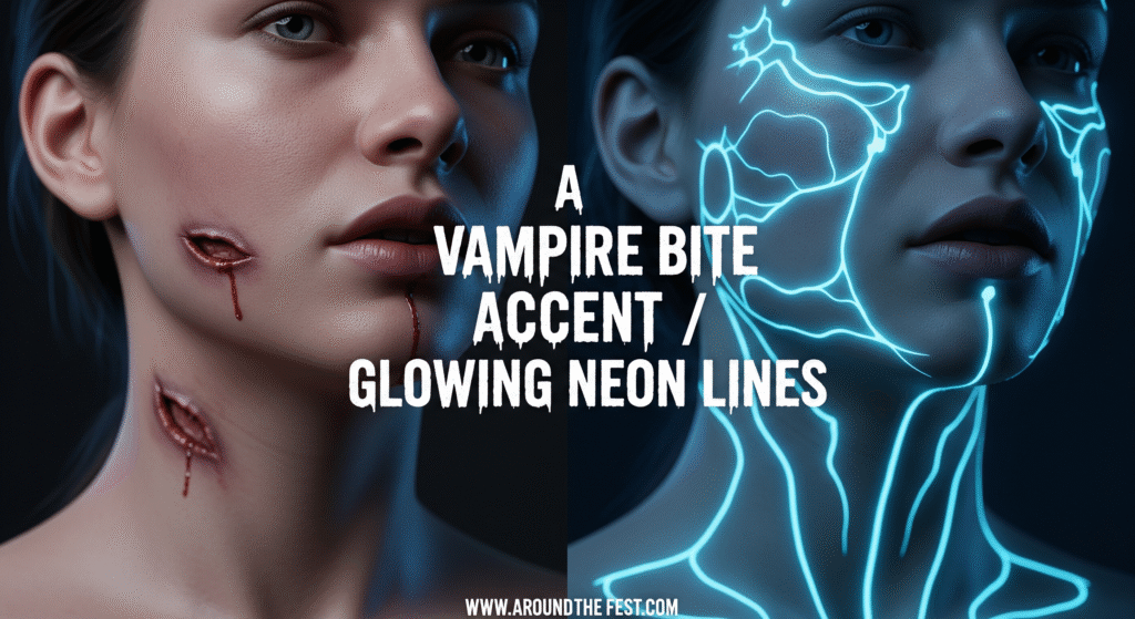 "Close-up of Halloween makeup showing two small vampire bite marks on neck with subtle bruising, and glowing neon UV lines along temples and cheekbones. Name displayed on image."