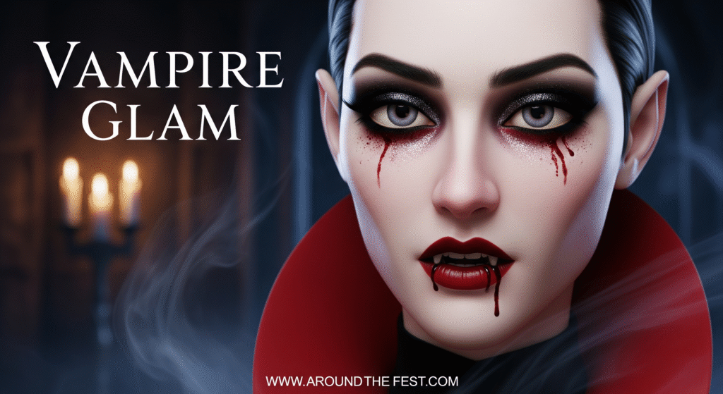 "Vampire Glam Halloween makeup look with pale skin, contoured cheeks, red lips with fake blood, and eerie contact lenses in a gothic misty background, with 'Vampire Glam' written on the image."