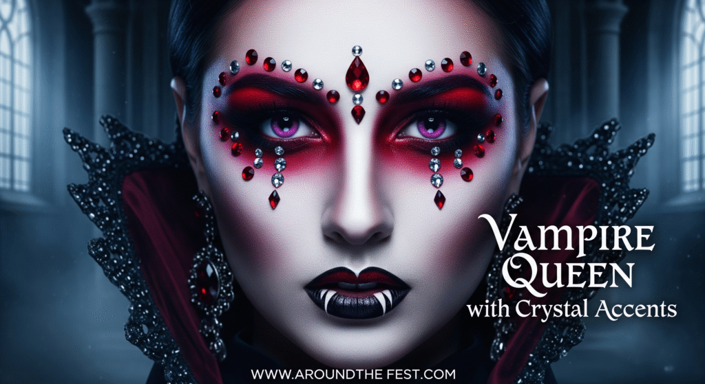 "Ultra-realistic Vampire Queen Halloween makeup with pale contoured skin, red and black lipstick, crystal accents around eyes, and 'Vampire Queen with Crystal Accents' written on the image."