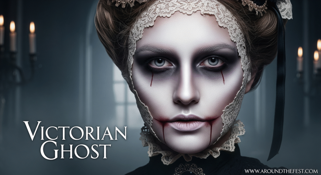 "Ultra-realistic Victorian Ghost Halloween makeup with pale porcelain skin, hollow eyes, subtle bloodstains, lace accessories, with 'Victorian Ghost' written on the image."