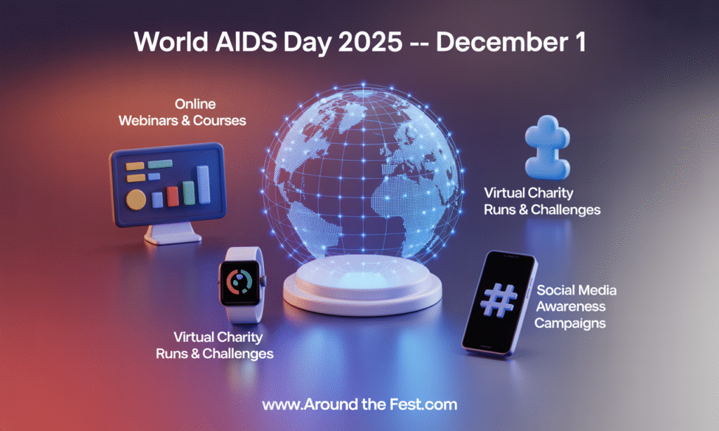 infographic showing virtual participation with online webinars, virtual charity runs, and social media campaigns for global engagement."