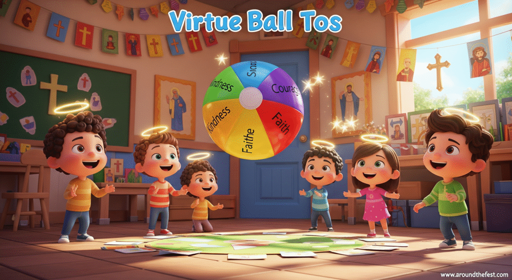 Kids playing Virtue Ball Toss for All Saints’ Day 2025, sharing examples of virtues like kindness, courage, and faith while tossing a colorful beach ball in a decorated classroom or backyard.”