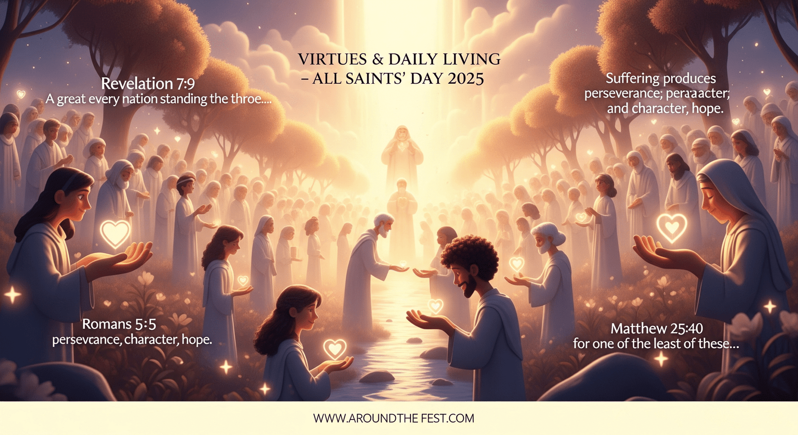 visual with Bible verses on virtues and daily living, showing diverse saints, acts of service, glowing hearts, and serene natural surroundings, symbolizing love, faith, and holiness."