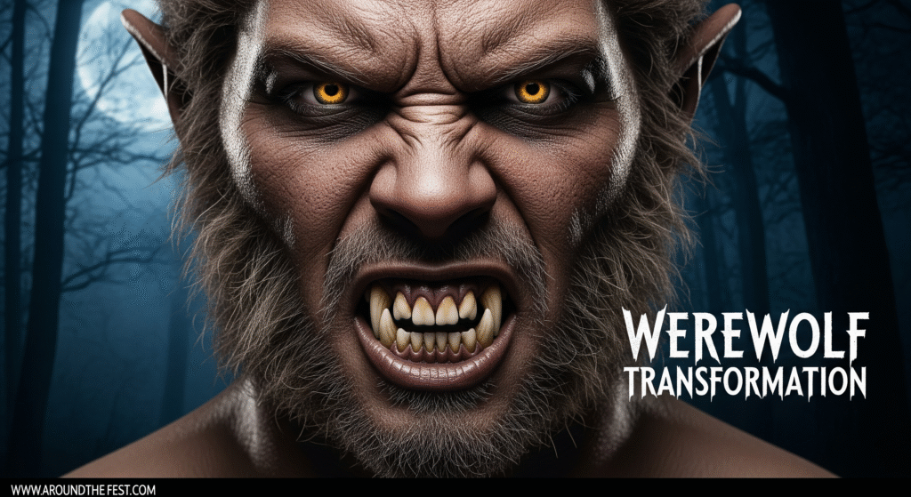 Ultra-realistic Werewolf Transformation Halloween makeup with brown/gray fur textures, sharp teeth, glowing eyes, with 'Werewolf Transformation' written on the image."