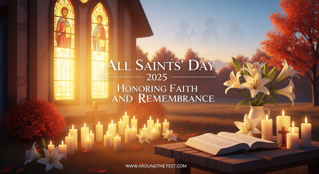 "All Saints’ Day 2025 banner with candles, sunrise, and overlay quote text honoring faith and remembrance."