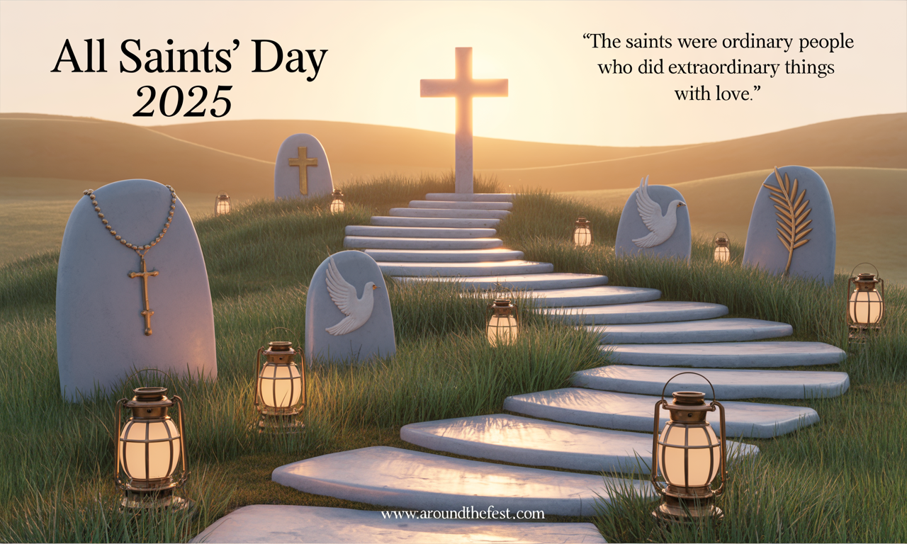 inspirational quote banner with golden light beams, glowing candles, and open scripture — symbolizing saintly wisdom, Catholic faith, and holiness for everyone."