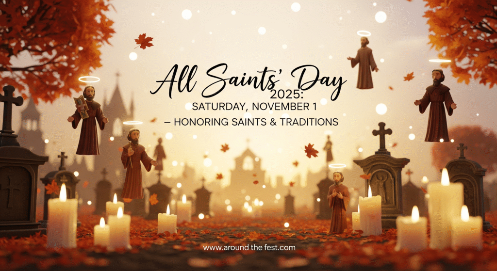 “All Saints’ Day 2025 banner with glowing candles, saint symbols, autumn leaves, and church silhouettes, featuring text ‘All Saints’ Day 2025: Saturday, November 1 – Honoring Saints & Traditions’