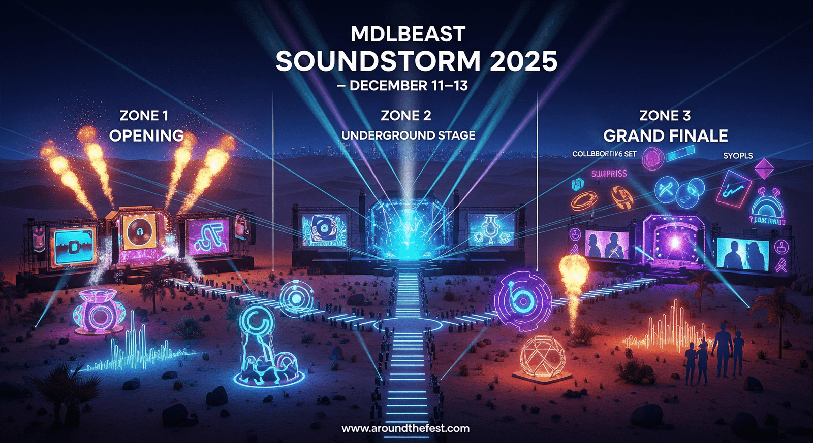 "MDLBEAST Soundstorm 2025 festival in Banban Desert, Riyadh showing three days of performances with high-tech stages, LED lights, pyrotechnics, interactive art installations, and immersive festival energy, no humans."