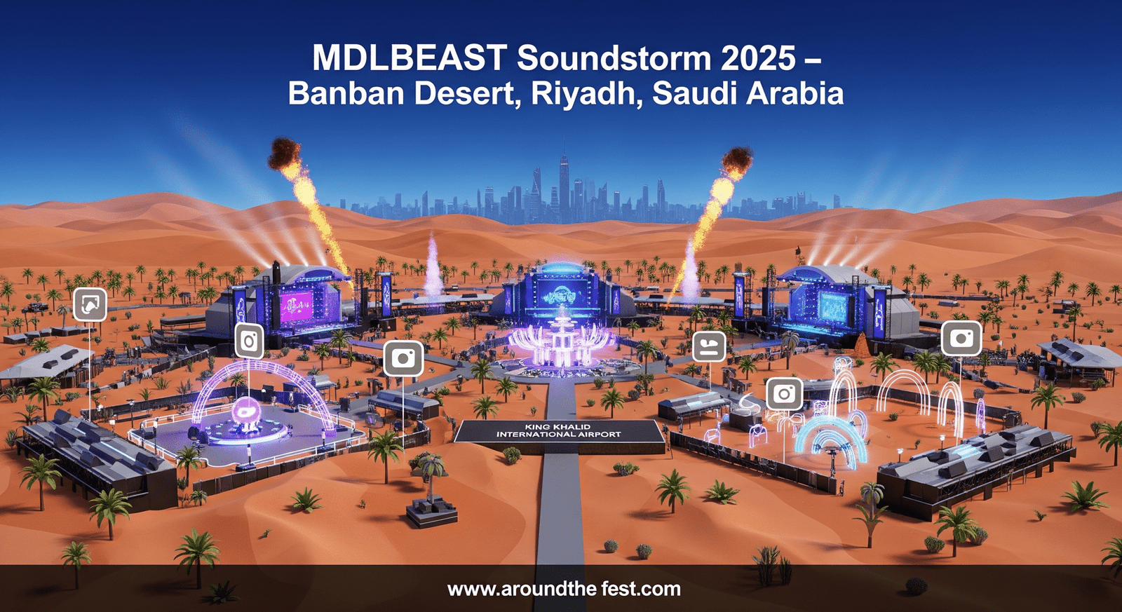 MDLBEAST Soundstorm 2025 festival in Banban Desert, Riyadh with futuristic stages, LED lights, pyrotechnics, immersive zones, and photo-worthy art installations, no humans."