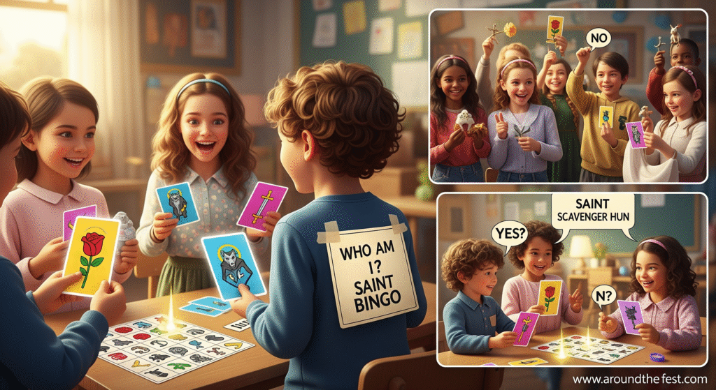 “Children playing saint-themed games like Bingo, Guess the Saint, and a scavenger hunt for All Saints’ Day 2025, combining fun and faith learning.”