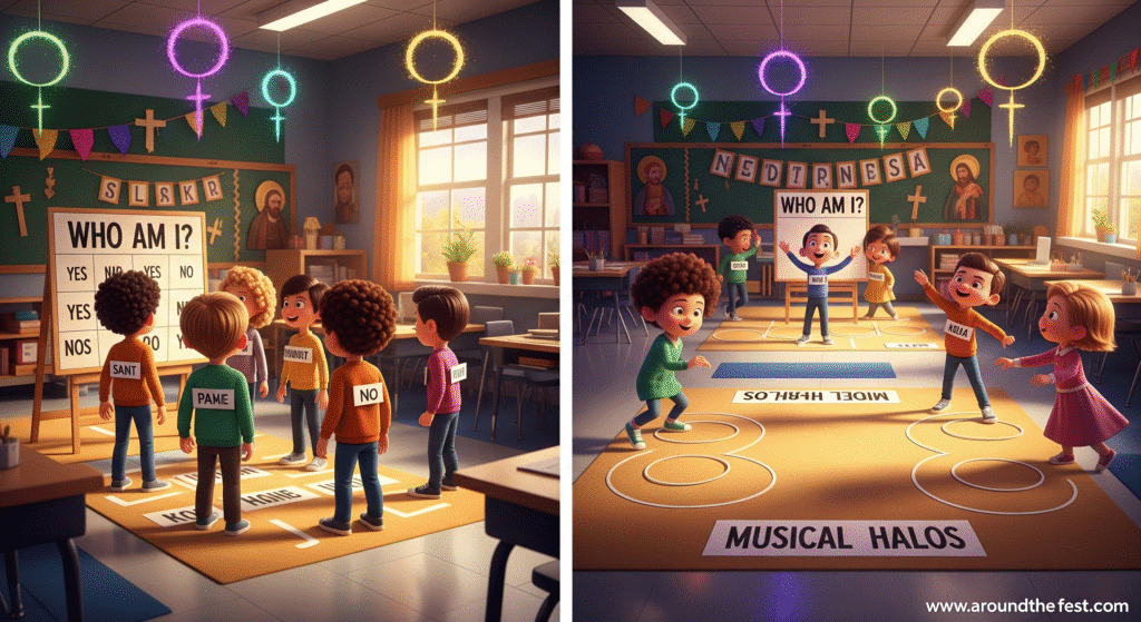 “Kids enjoying All Saints’ Day 2025 games: playing ‘Who Am I?’ with saint names on their backs and ‘Musical Halos,’ standing on paper halos in a decorated classroom or home setting.”