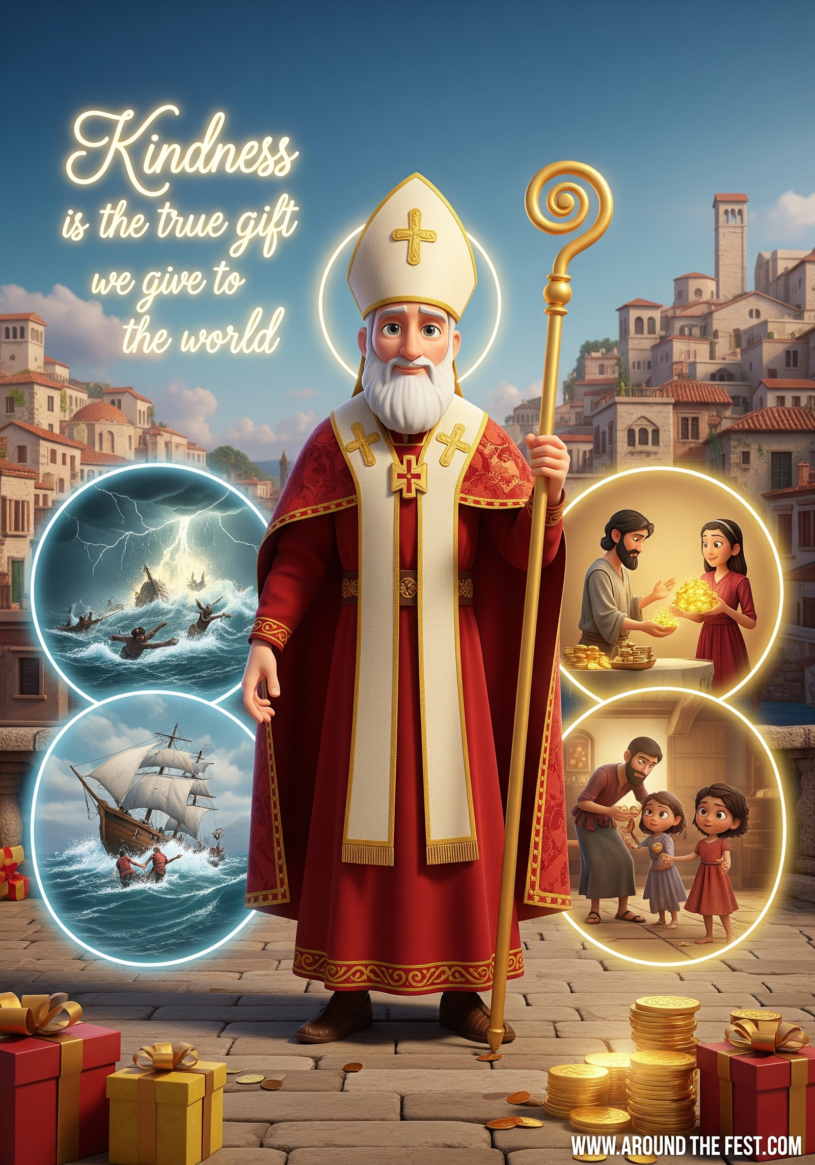  Myra in 4th-century Turkey performing miracles for sailors, children, and families, with quote: 'Generosity is the heart of every celebration,' highlighting St. Nicholas Day traditions."