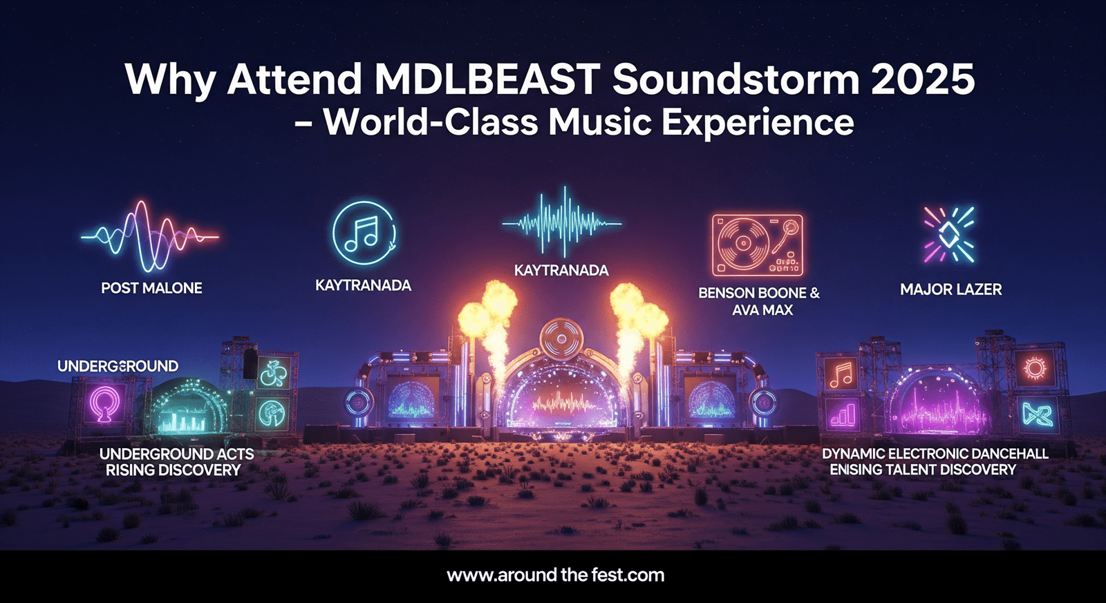 MDLBEAST Soundstorm 2025 festival in Banban Desert, Riyadh showing world-class music performances by Post Malone, Kaytranada, Benson Boone, Ava Max, and Major Lazer with main and underground stages, LED lights, pyrotechnics, and immersive festival energy, no humans."