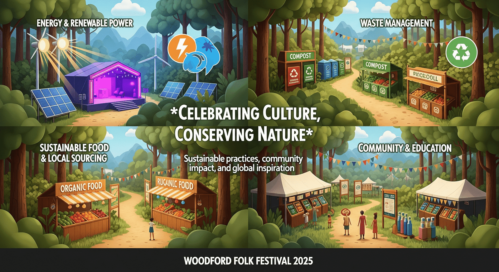 "Illustrative hero banner of Woodford Folk Festival 2025 showing LED stages ⚡, recycling and compost stations ♻️, organic food stalls 🌱, and educational sustainability setups 📚, featuring the quote: 'Celebrating Culture, Conserving Nature.'"