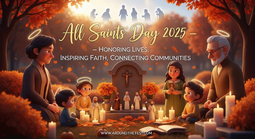 "All Saints’ Day and All Souls’ Day 2025 image showing families honoring saints and departed loved ones with candles, flowers, storytelling, and overlay quote about faith, reflection, and community connection."