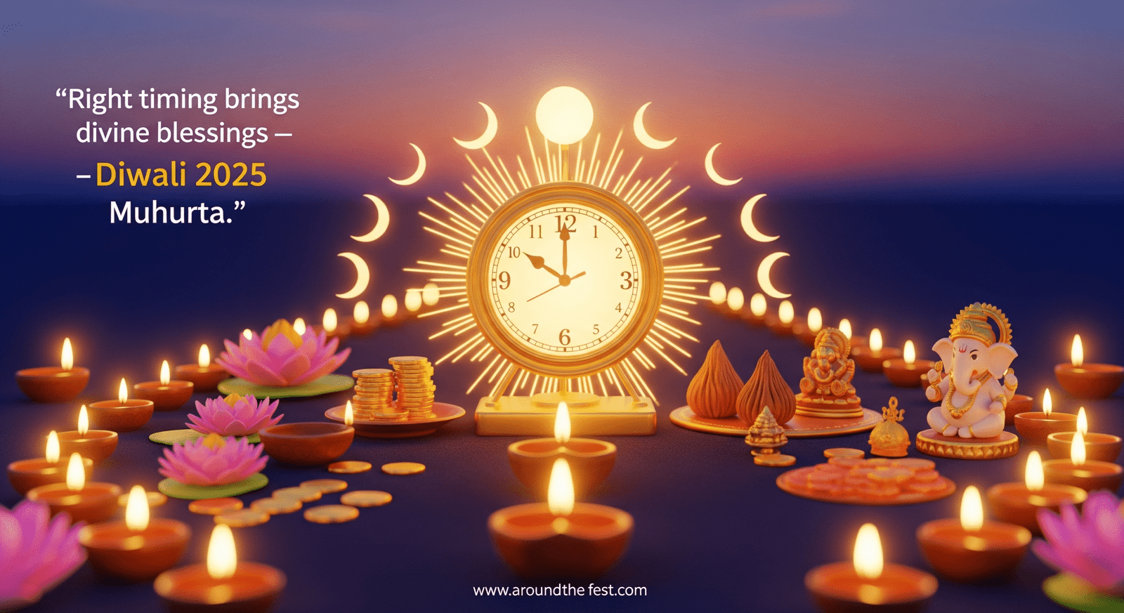Spiritual-themed illustration of Diwali 2025 Muhurta with glowing golden clock, diyas, new moon (Amavasya), lotus, coins, modak, and sacred symbols of Goddess Lakshmi and Lord Ganesh in twilight colors, with quote ‘Right timing brings divine blessings — Diwali 2025 Muhurta.’"