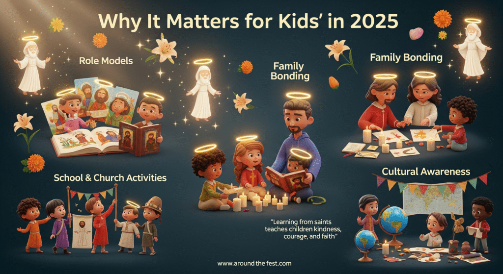 “Diverse children engaged in saint-themed activities: reading storybooks, crafting, lighting candles, performing plays, exploring maps and globes, with haloed saint figures, lilies, and the text labels ‘Role Models’, ‘Family Bonding’, ‘School & Church Activities’, and ‘Cultural Awareness’, illustrating why All Saints’ Day matters for kids in 2025.”