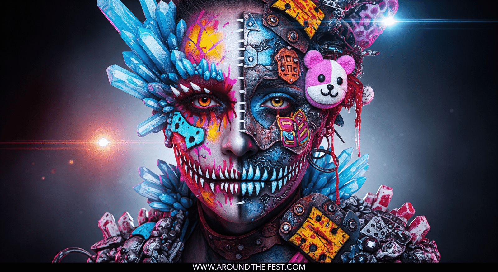 Wildcard with hybrid cute-gore, metallic shimmer, and bioluminescent crystal effects."
