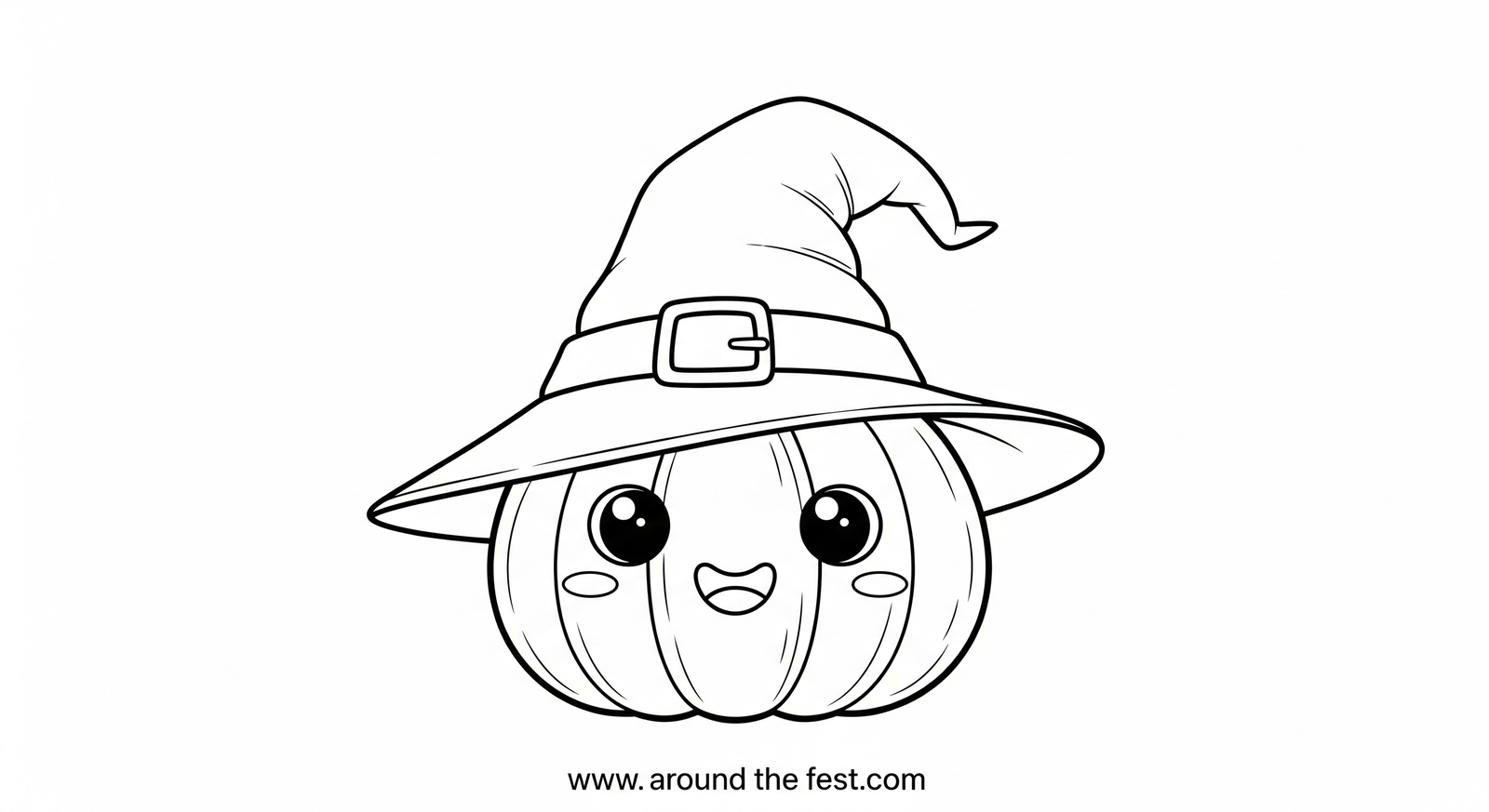Black and white outline sketch of a pumpkin with a witch hat and kawaii smiling face for kids to color.