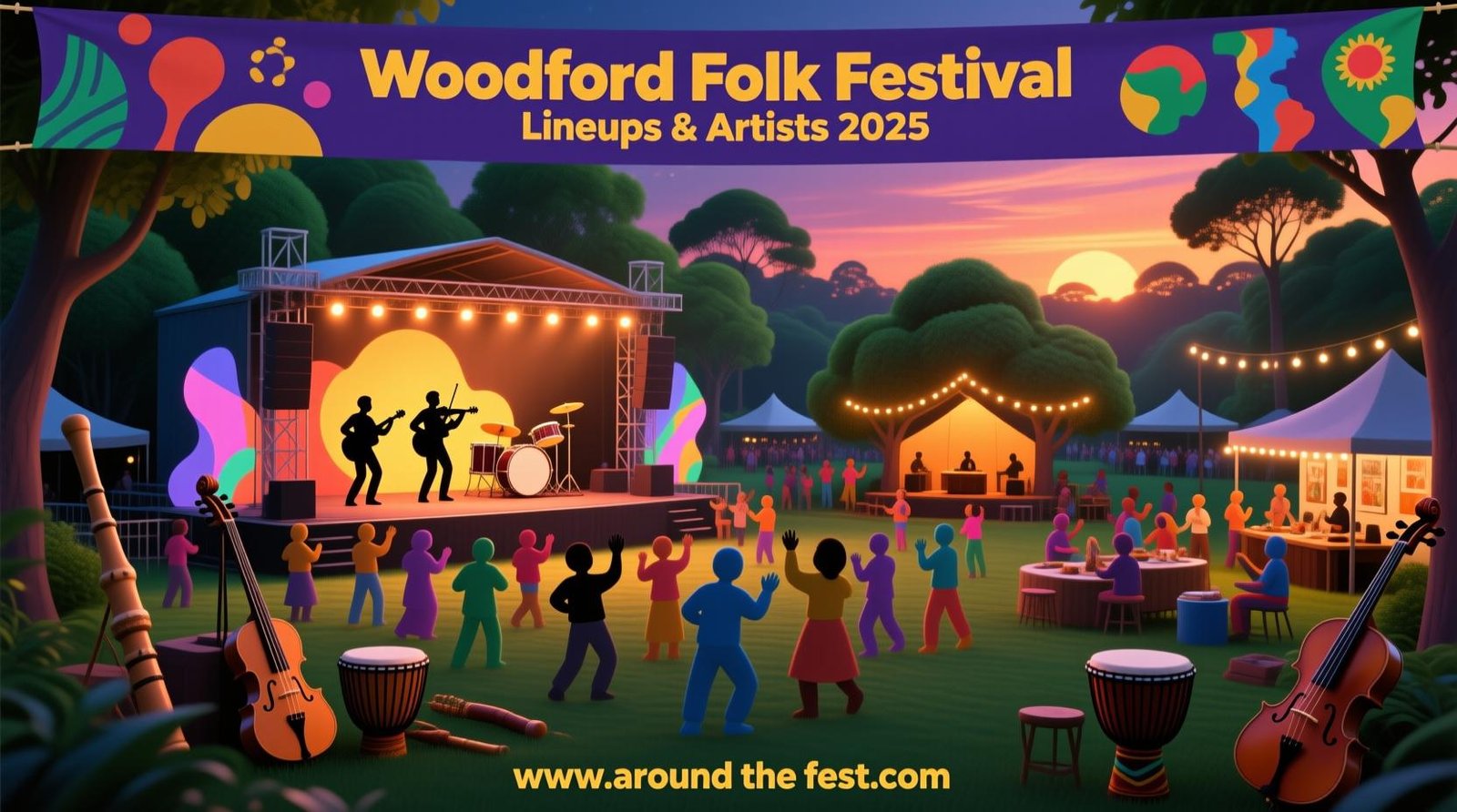 Woodford Folk Festival Lineups and Artists 2025 banner showing vibrant stages, diverse instruments, and crowds dancing in lush Queensland nature, highlighting intimate sets and main stage performances.