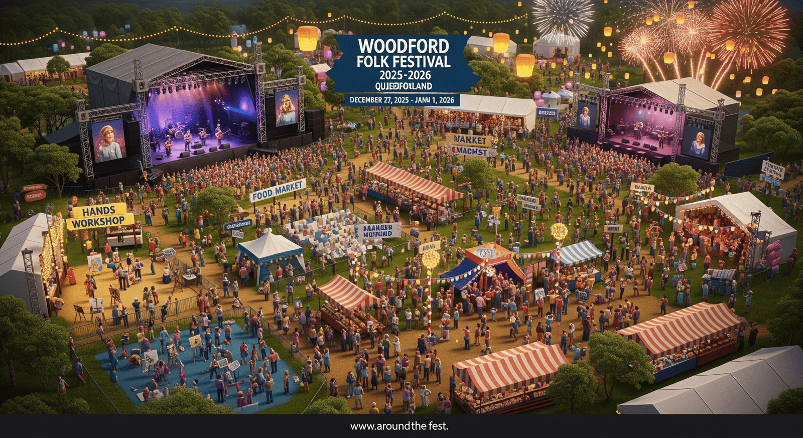Illustration of (December 27, 2025 – January 1, 2026) at Woodfordia, Queensland, showing main music stages, workshops, markets, and New Year’s Eve celebration with a prominent date display.