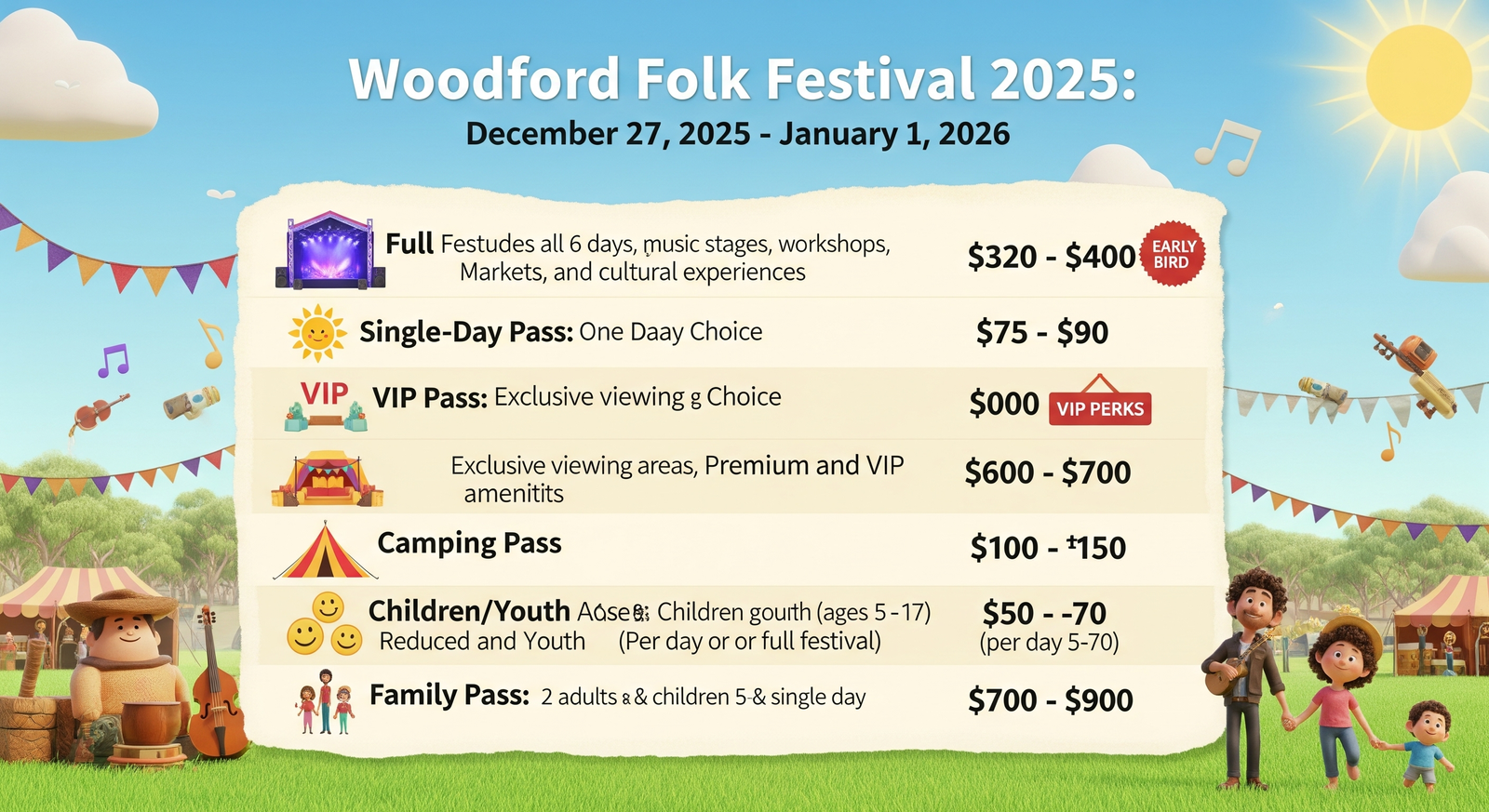 Infographic showing (December 27, 2025 – January 1, 2026) ticket types and prices, including Full Festival, Single-Day, VIP, Camping, and Family & Group passes, with icons and a clear pricing table.
