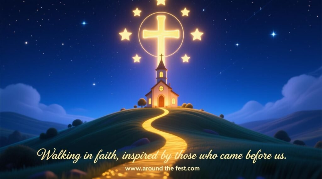 “Glowing cross on hilltop with saints’ halos and church below for All Saints’ Day, quote: ‘Called to holiness, guided by the saints.’”