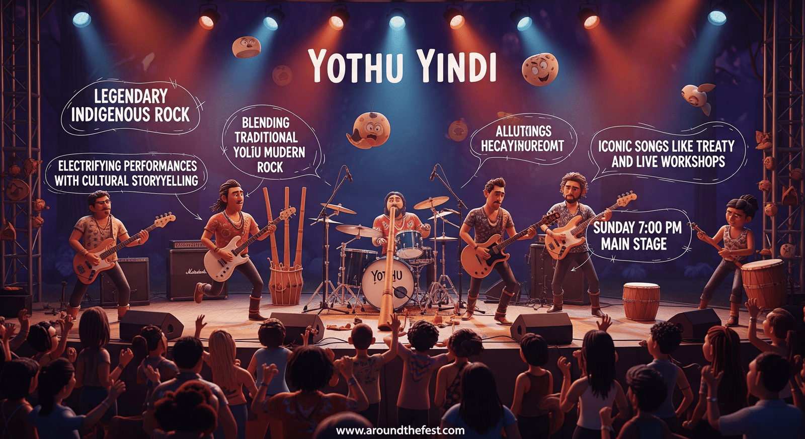 Yothu Yindi performing legendary Indigenous rock at the 2025 Main Stage, Sunday 7:00 PM, featuring hits like Treaty, cultural storytelling, and live workshops.