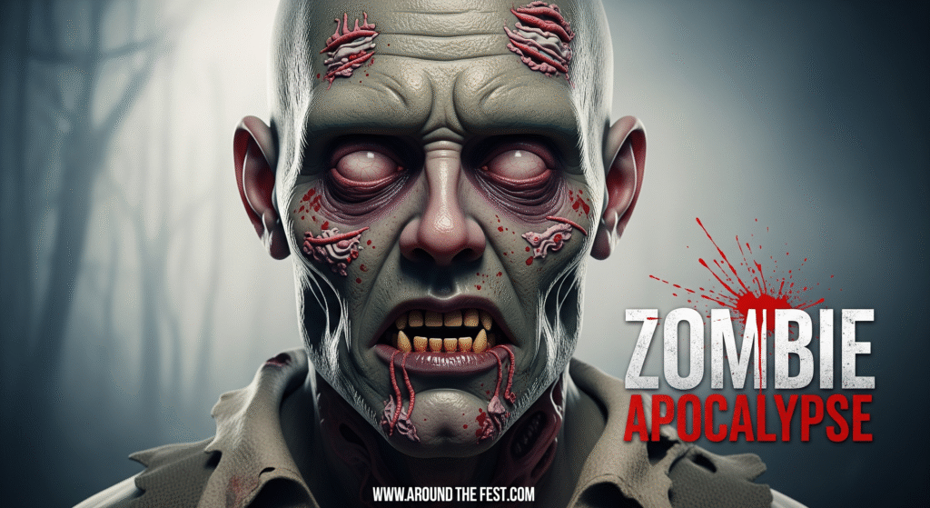 "Zombie Apocalypse Halloween makeup with gray-green skin, hollow eyes, layered wounds, and bruising, with 'Zombie Apocalypse' written on the image."