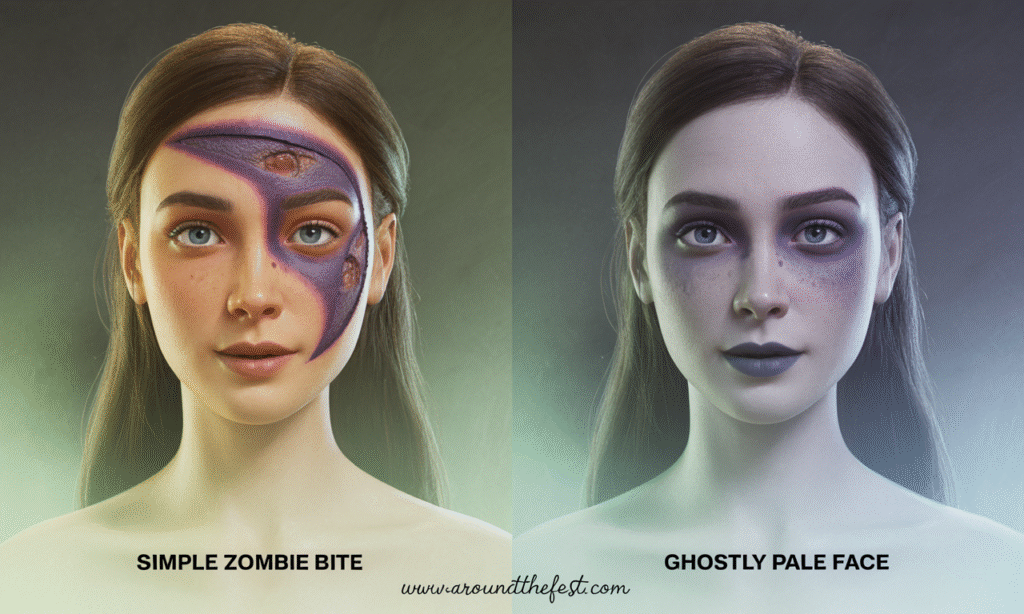 “Split Halloween makeup look showcasing two styles: Simple Zombie Bite with bruised crescent wound on left side, and Ghostly Pale Face with hollow eyes and muted lips on right side, against eerie gradient background.”