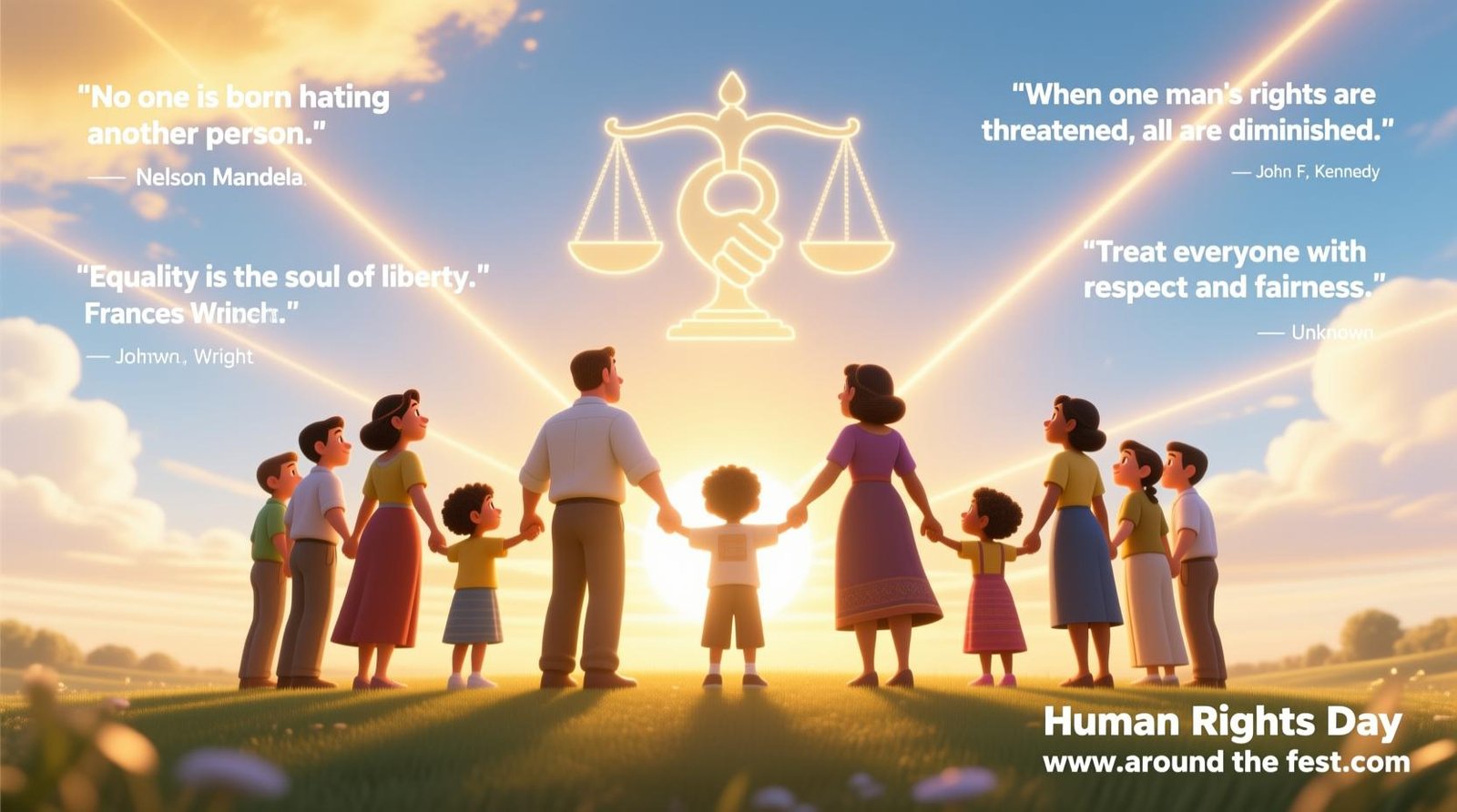 Human Rights Day 2025 illustration featuring diverse people united with symbols of equality, respect, and justice, with quotes by Mandela, Kennedy, Wright, and an unknown author."