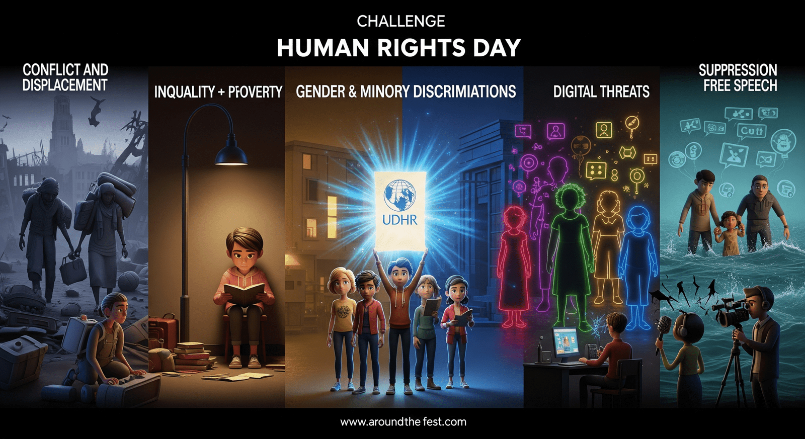 "Illustration showing global challenges to human rights, including conflict, inequality, climate change, discrimination, digital threats, and suppression of free speech, with students standing for justice and hope."