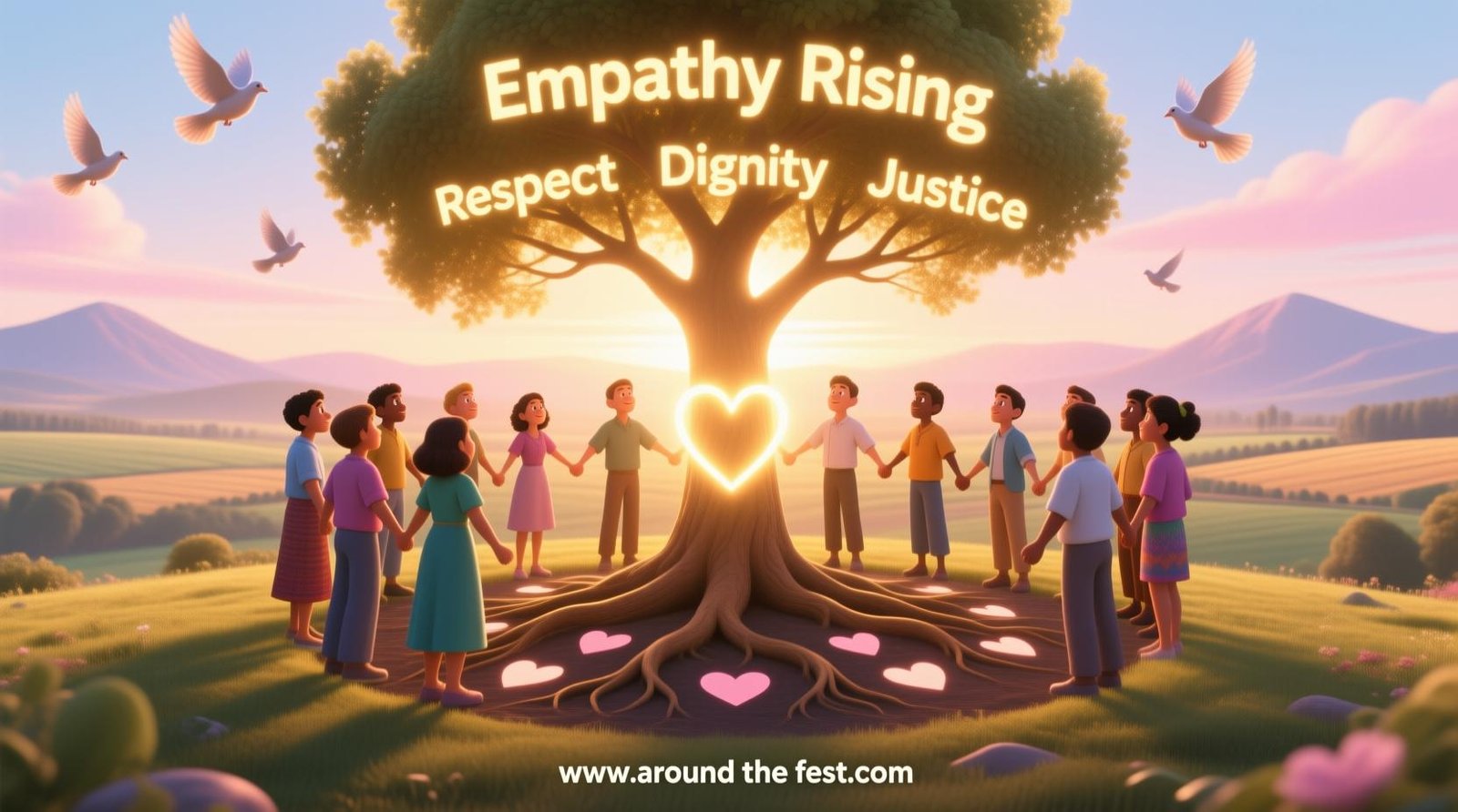sunrise illustration featuring diverse people around a glowing tree symbolizing empathy, compassion, and human dignity."