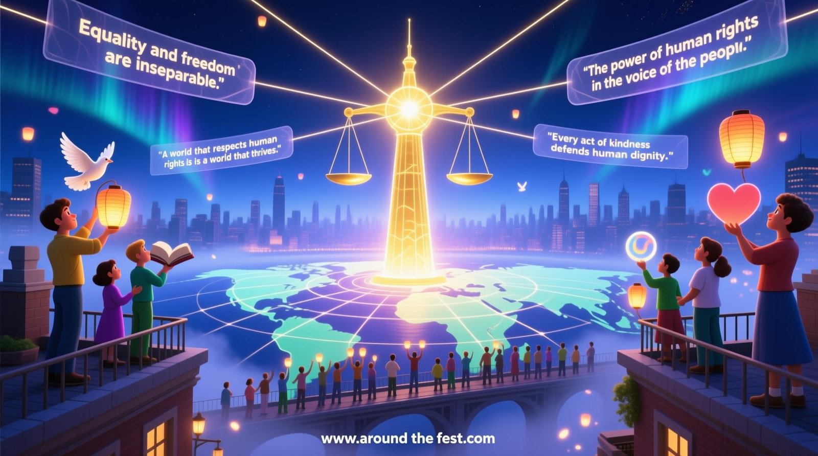 "Human Rights Day 2025 illustration showing diverse people across a city connected by a glowing beacon of light, symbolizing equality, freedom, dignity, and collective human rights."