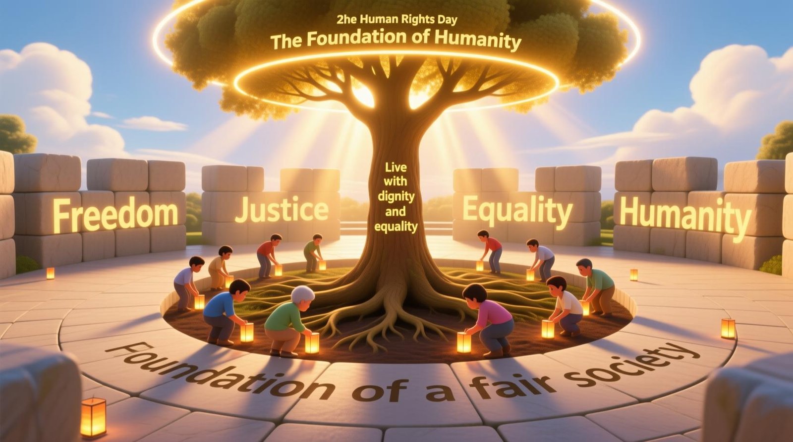 illustration showing a glowing tree of humanity rooted in freedom, equality, justice, and dignity, with people planting lights symbolizing courage and hope."
